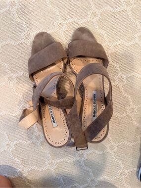 Manolo Blahnik Taupe Suede Strappy Open-Toe Sandals